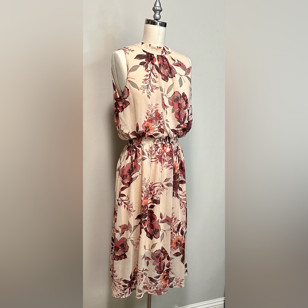 Soiéblu Mock Neck Sleeveless Blush Pink Floral Midi Dress Size S/M